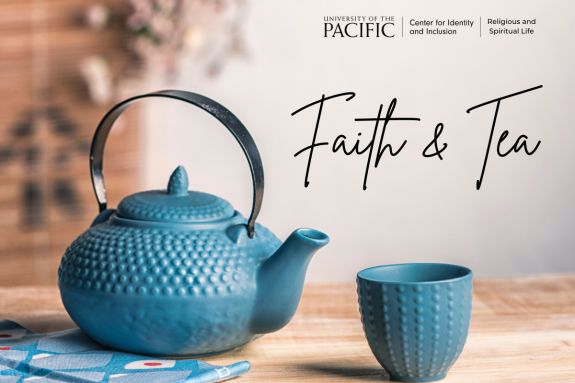 Text "Faith & Tea" against a background of a teapot and teacup